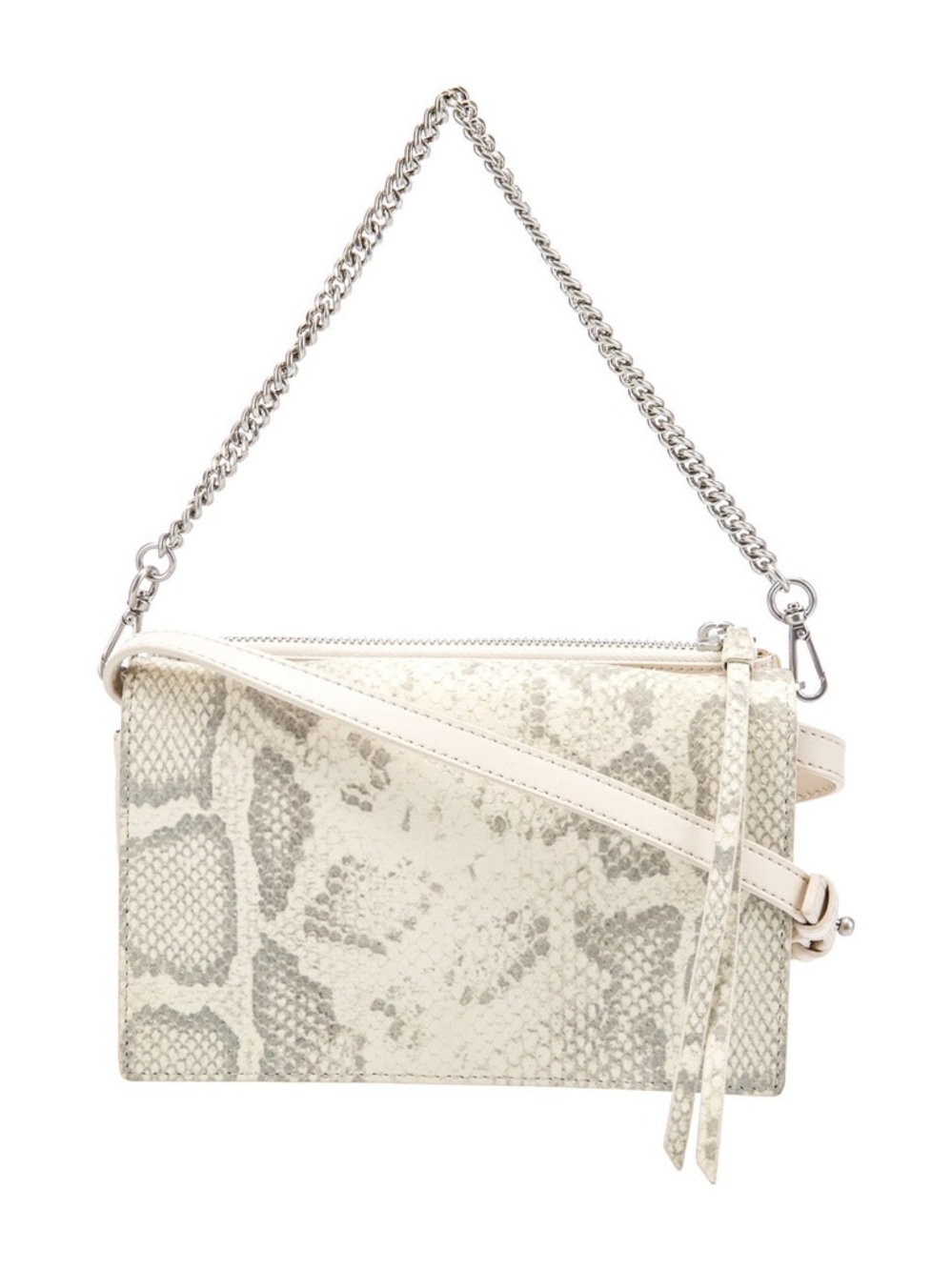 All Saints Cream Snake-Print Crossbody Bag with Silver Chain